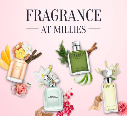 graphic of fragrances for women at millies against a pink background