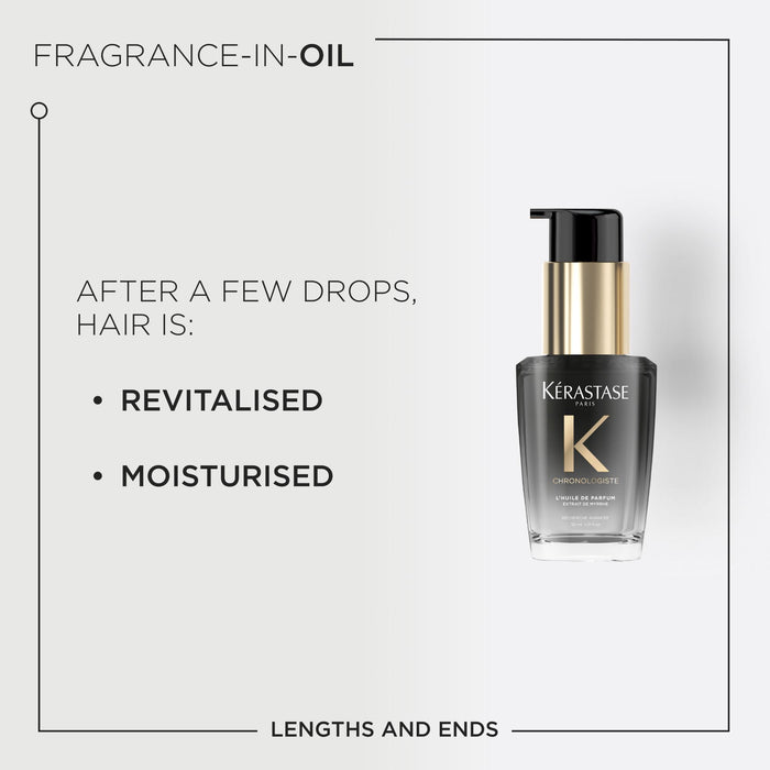 Kérastase bottle with text about hair revitalization and moisturization on a light gray background
