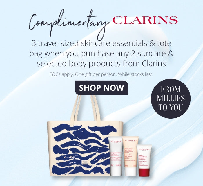 🎉 Treat yourself at Millies today! Buy any 2 Clarins suncare & selected body products and snag 3 travel-sized skincare essentials + a chic tote bag! 👜✨ Hurry, offer good while stocks last! #BeautyBonanza #ClarinsLove