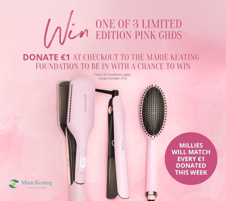 🎉💖 Win a fab, limited edition pink GHD from Millies! Donate just €1 at checkout to Marie Keating Foundation for a chance to win! 🎀 Plus, Millies will match every euro donated this week! Ends Oct 31. Let's glam up for a cause! 🌟💕 #BeautyForGood #Millies #GHD