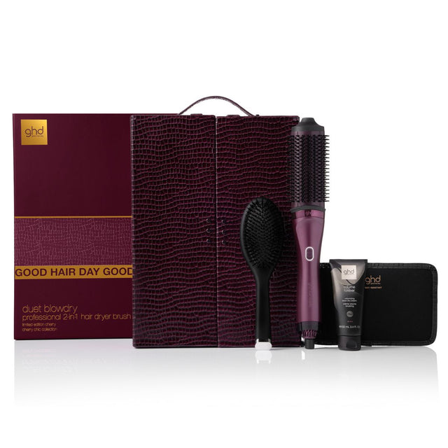 Ghd Duet Blowdry in Cherry with Volume Forever and dressing brush 
