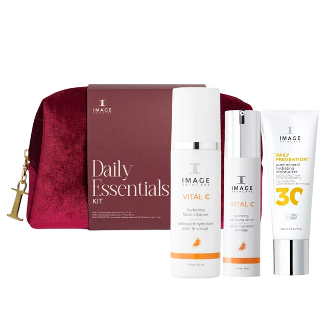 IMAGE Skincare Daily Essentials Kit with VITAL C Cleanser, Anti-Aging Serum, Mineral Hydrating SPF 30 and velvet vanity bag