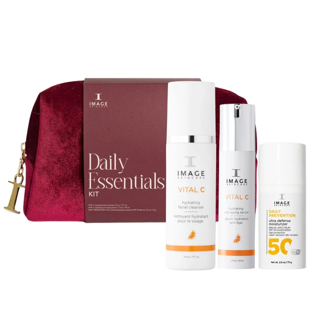 IMAGE Skincare Daily Essentials Kit with VITAL C Hydrating Facial Cleanser, VITAL C Hydrating Anti-Aging Serum, Ultra Defence SPF 50 and velvet vanity bag
