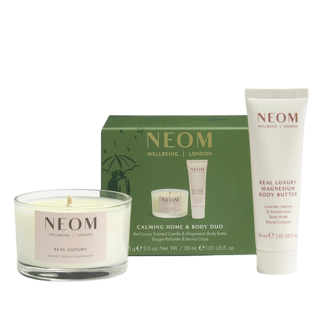 NEOM Wellbeing Calming Home & Body Duo with Real Luxury Travel Candle and Magnesium Body Butter