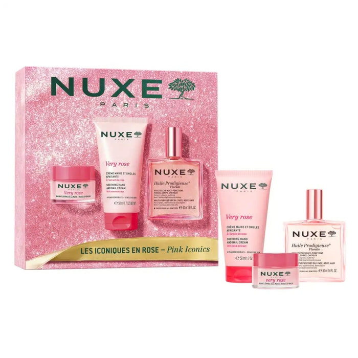 NUXE Huile Prodigieuse Pink Iconics Gift Set with Florale Oil, Hand Cream and Lip Balm