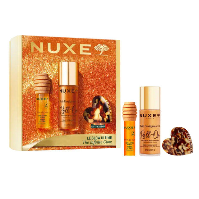 NUXE The Infinite Glow Gold Gift Set with Huile Prodigieuse Gold Roll-On, Honey Lip Care and Heart Hair Clip