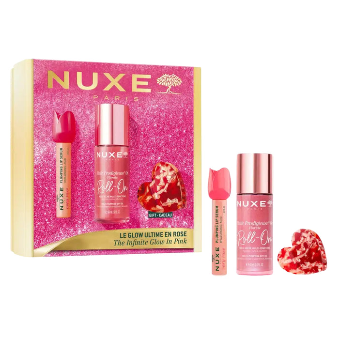 NUXE The Infinite Glow in Pink Gift Set with Florale Gold Roll-On, Lip Serum and Heart Hair Clip