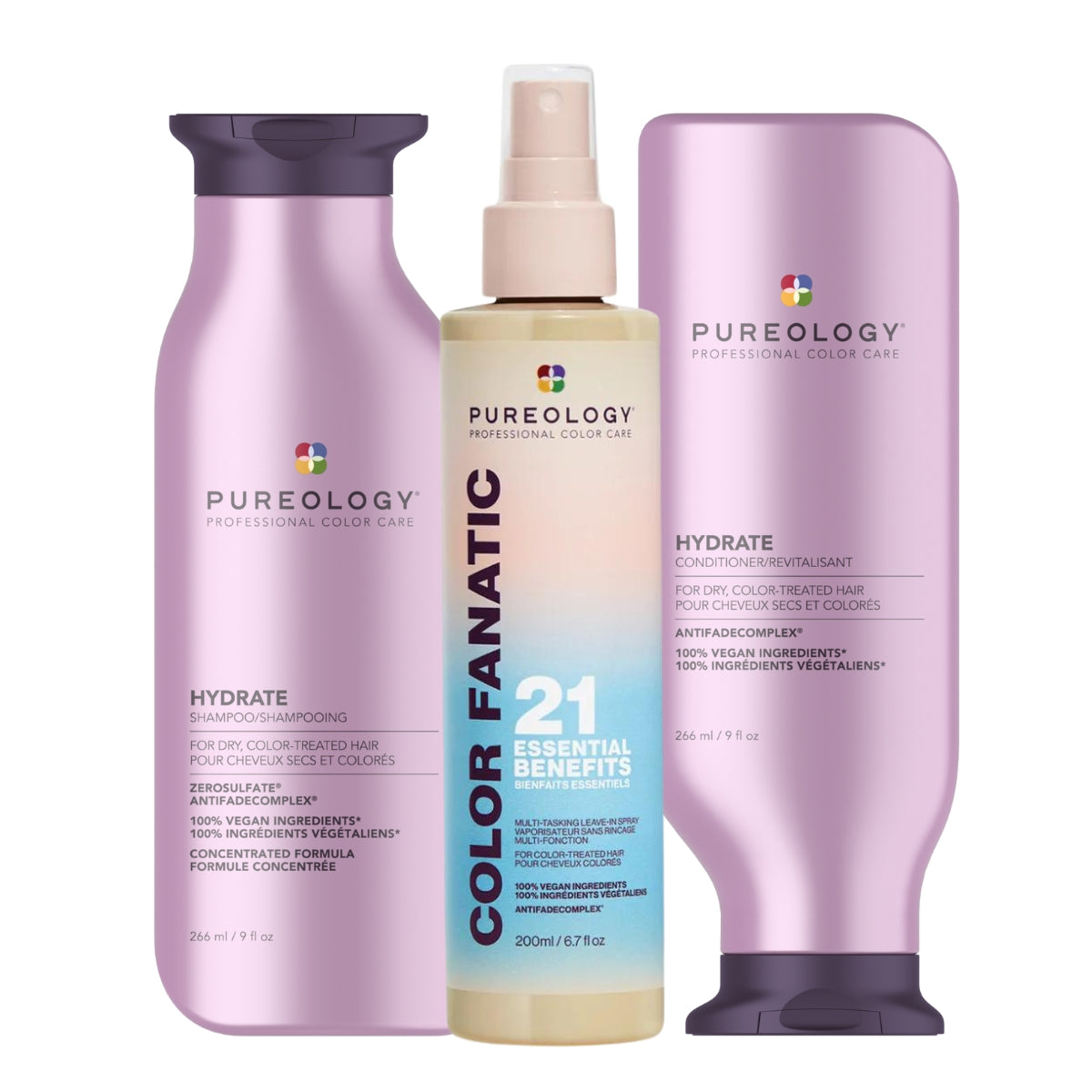 Pureology Hydrate Shampoo, Conditioner and Color Fanatic Leave In Conditioner Moisturising Bundle For Dry Hair, Vegan Formulas
