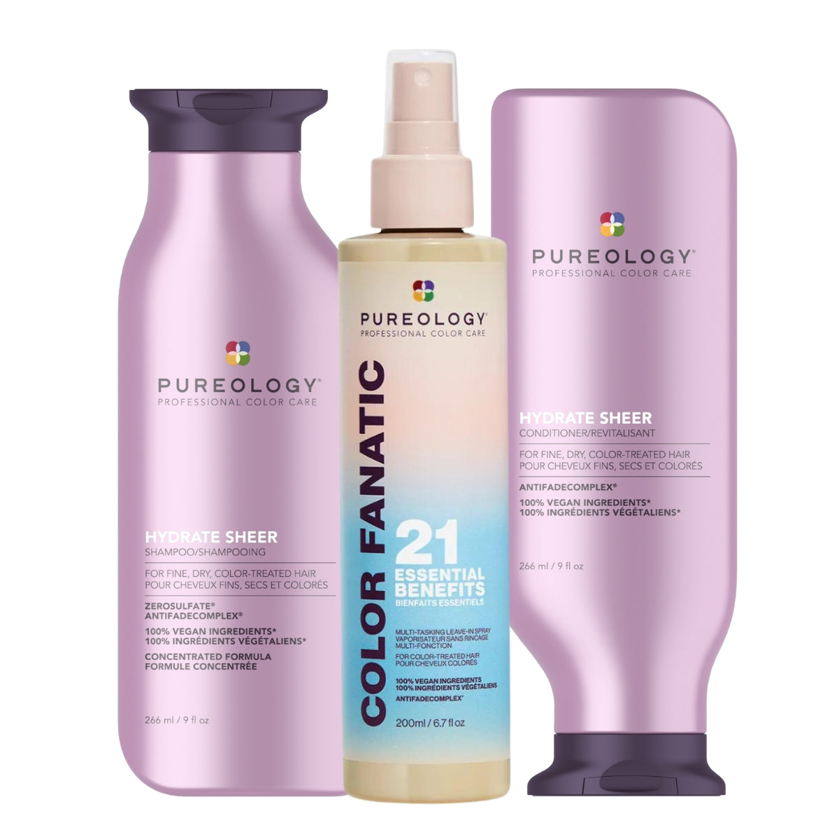 Pureology Hydrate Sheer Shampoo, Conditioner and Color Fanatic Leave In Conditioner Bundle For Fine, Dry Hair, Vegan Formulas