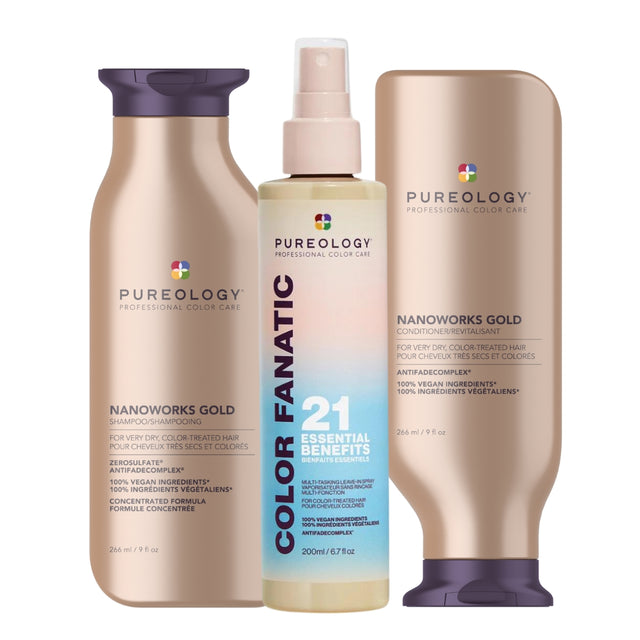 Pureology Nanoworks Gold Shampoo, Conditioner and Color Fanatic Leave In Conditioner Bundle For Dry, Dull Hair, Vegan Formulas