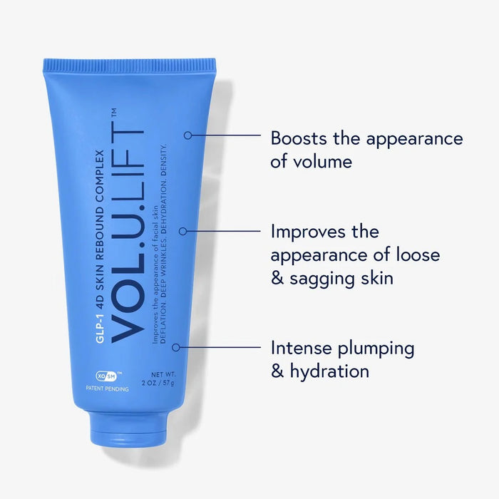 Blue tube of VOL.U.LIFT skincare product with text highlighting its benefits on a white background