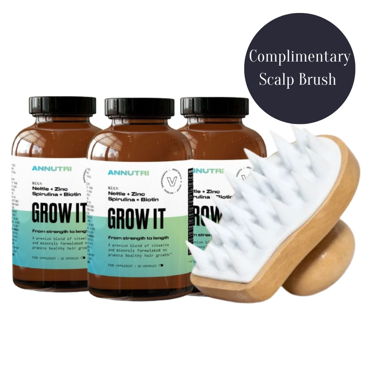 Annutri Grow It Hair Supplement 3 Month Supply with Complimentary Scalp Brush